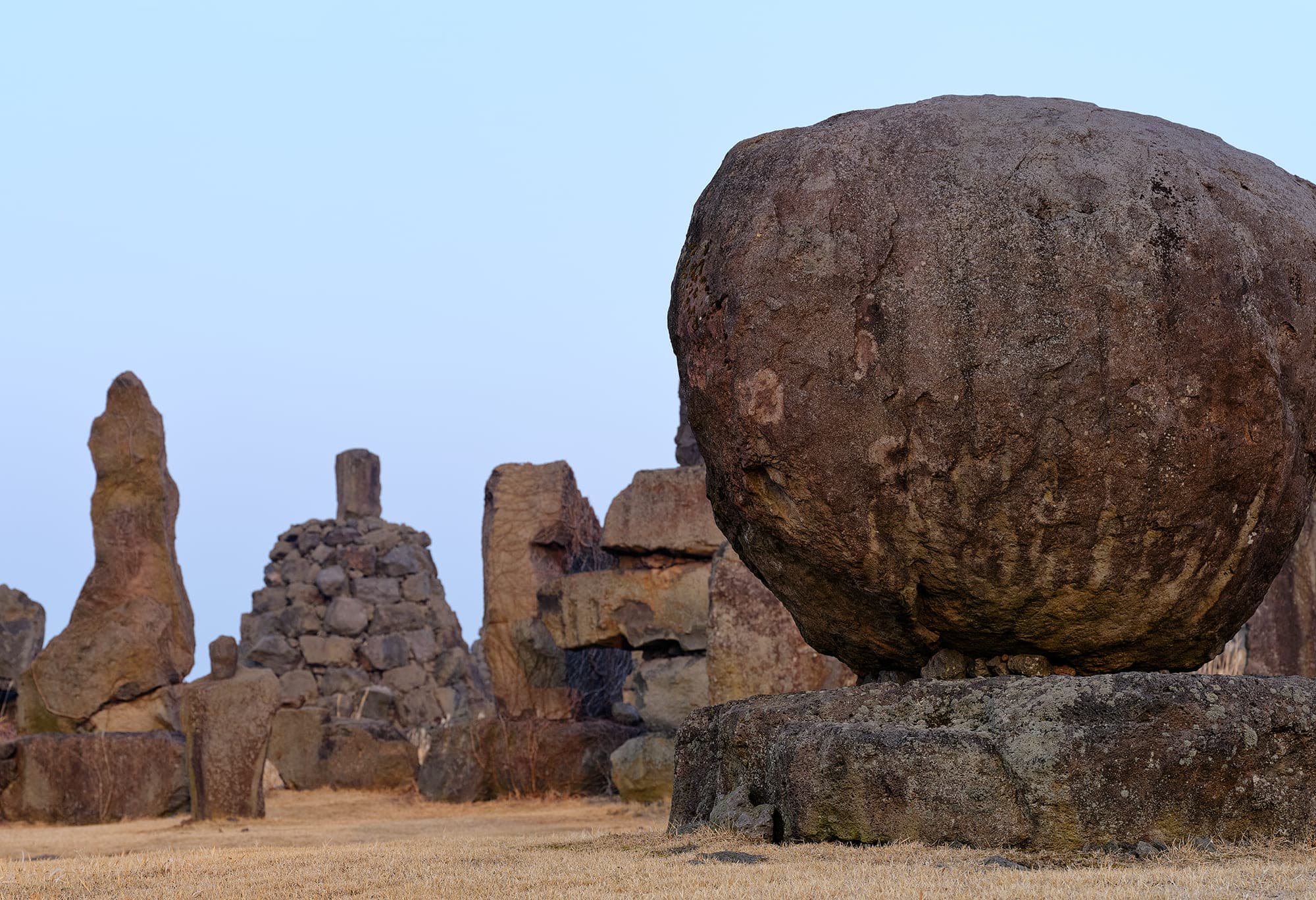 Close-up of a Dolharubang stone grandfather face.