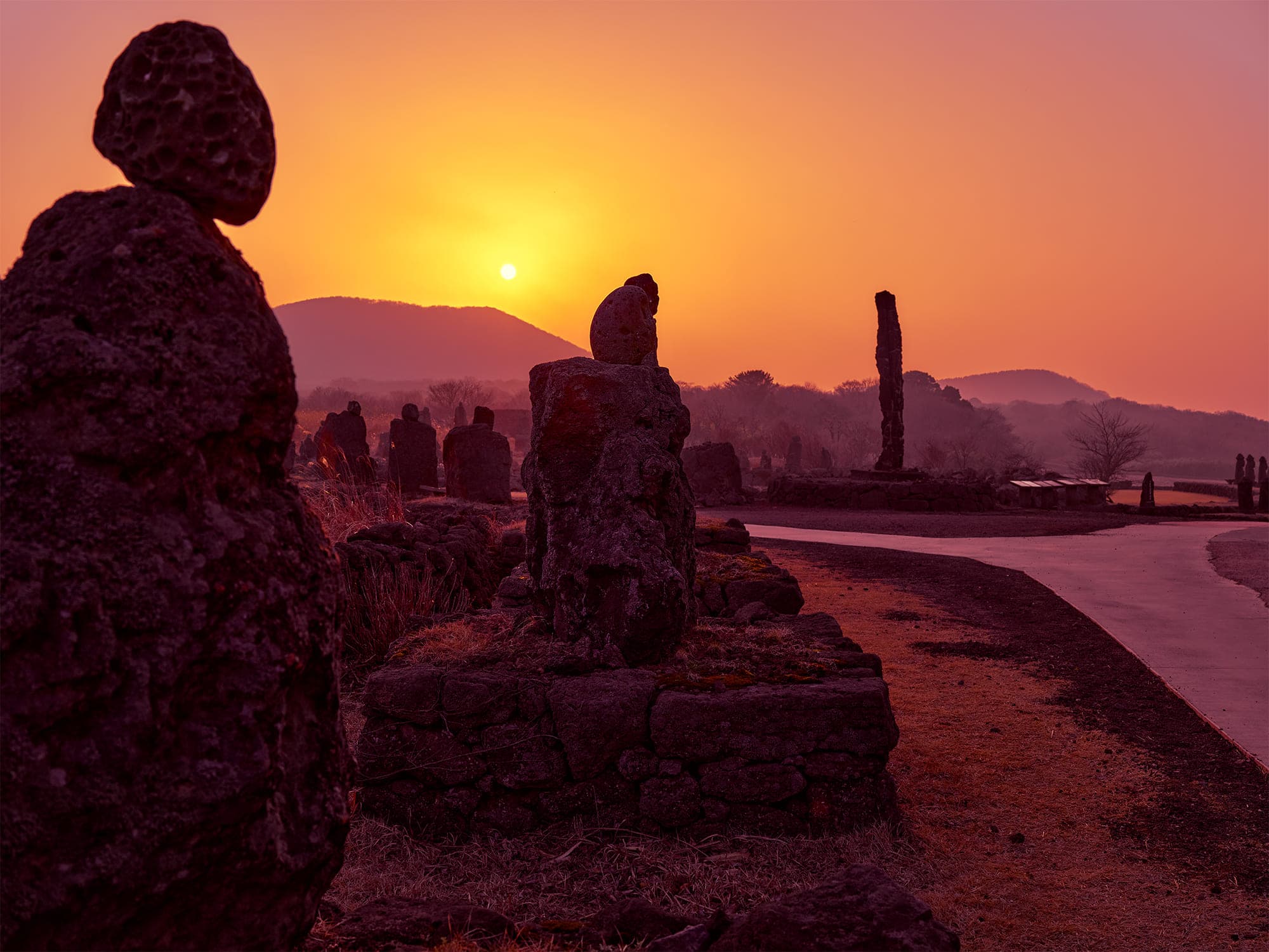 Stone path at golden sunset