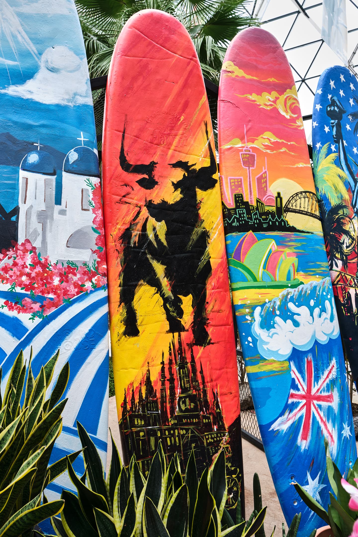 Surfboards with motifs from different countries